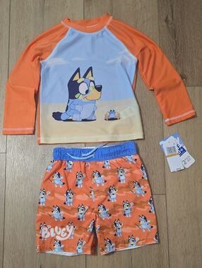Bluey Boys Rash Guard Top And Swim Trunks Bottoms Set 3t Blue Orange